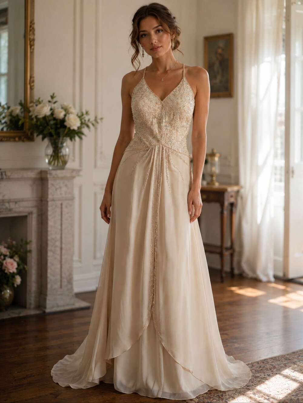 Vintage Full Length Halter Neck Gown With Beaded Bodice & Chiffon Skirt 6 Nude